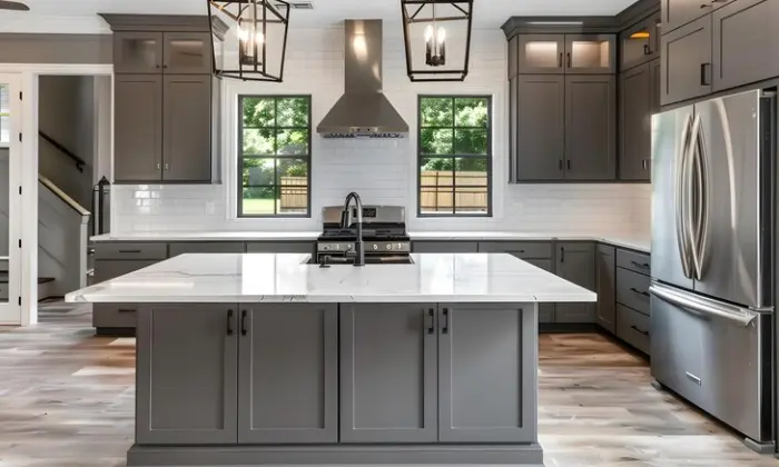 grey kitchen cabinets with black countertops