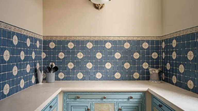 Top 12 Backsplash Ideas for White Cabinets and Granite Countertops and this is a Blue Backsplash style