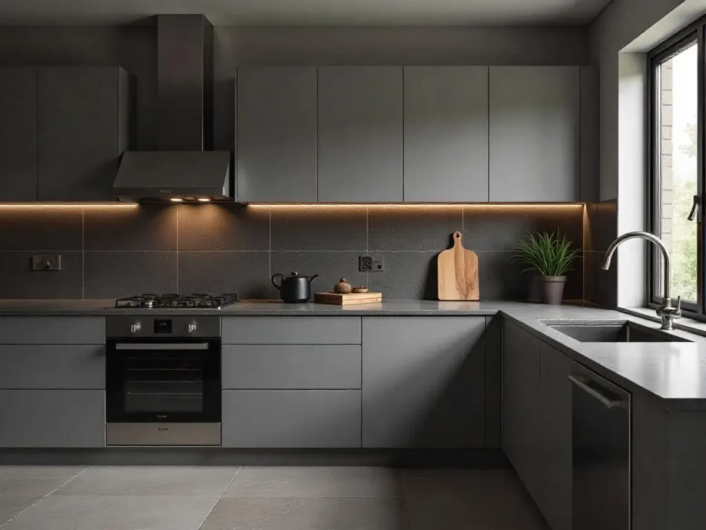 Gray cabinets with gray backsplash