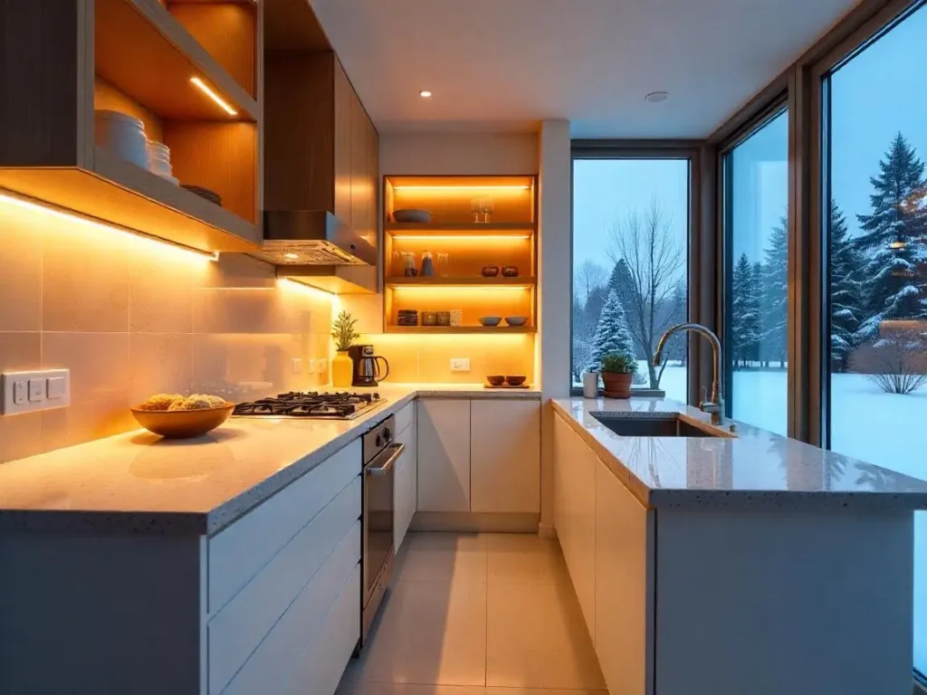 Kitchen with travertine backsplash