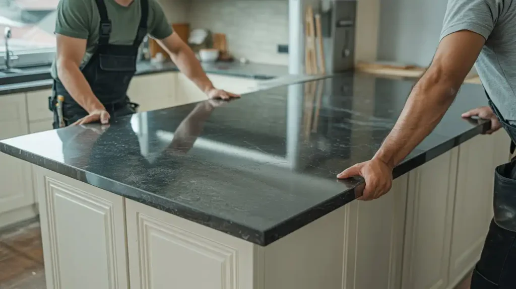 How Heavy Are Granite Countertops – installers placing a thick black granite countertop slab on kitchen cabinets during installation.