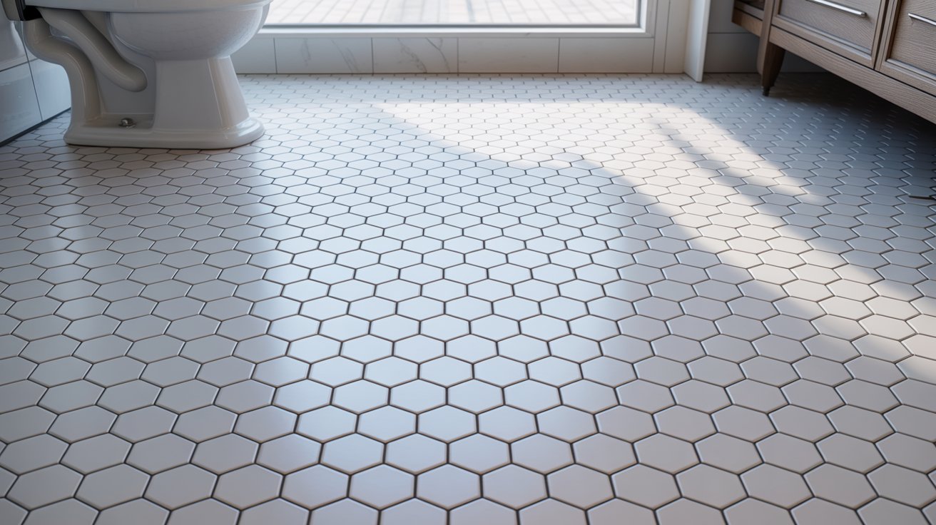 bathrooms with black hexagon tile floors​
