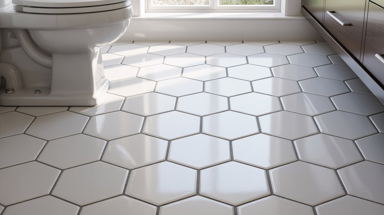 bathrooms with hexagon tile floors