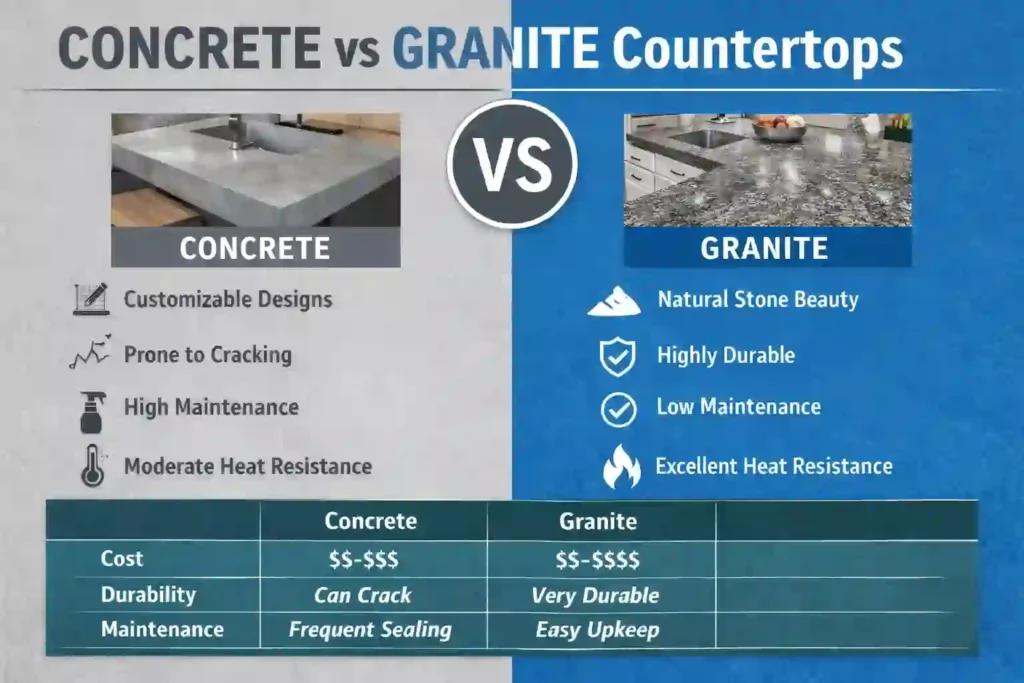 Comparison of concrete vs granite countertops showing key features, durability, maintenance, and cost differences in a side-by-side infographic.