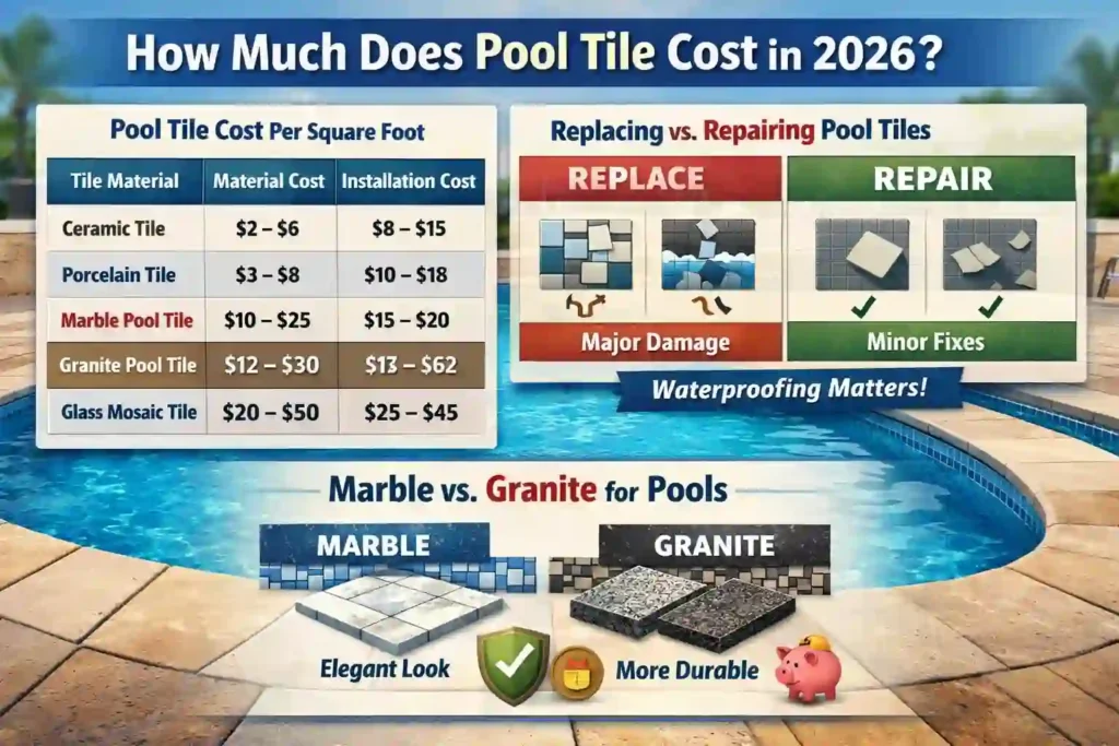 Infographic showing how much does pool tile cost in 2026 with material and installation costs for ceramic, porcelain, marble, granite, and glass mosaic tiles.