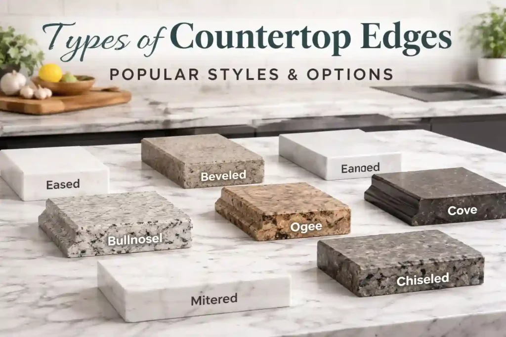 Eight countertop edge profile samples on a marble surface showing different shapes, including Eased, Beveled, Bullnose, Ogee, Mitered, Waterfall, Cove, and Chiseled edges, without any text labels.