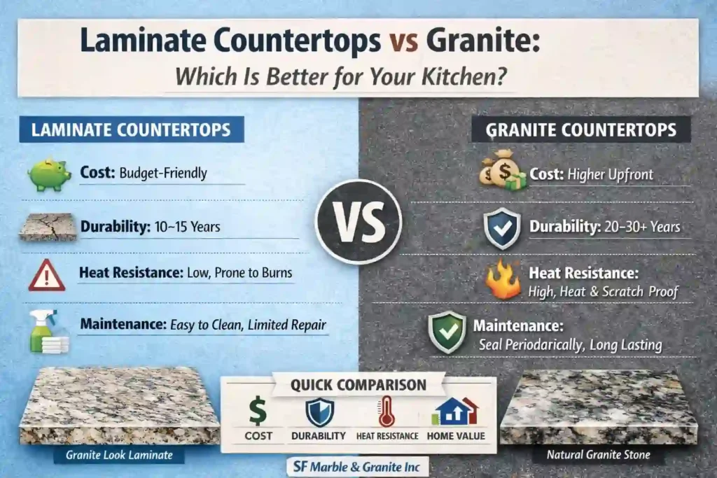 Laminate countertops vs granite comparison chart showing cost, durability, heat resistance, and maintenance.