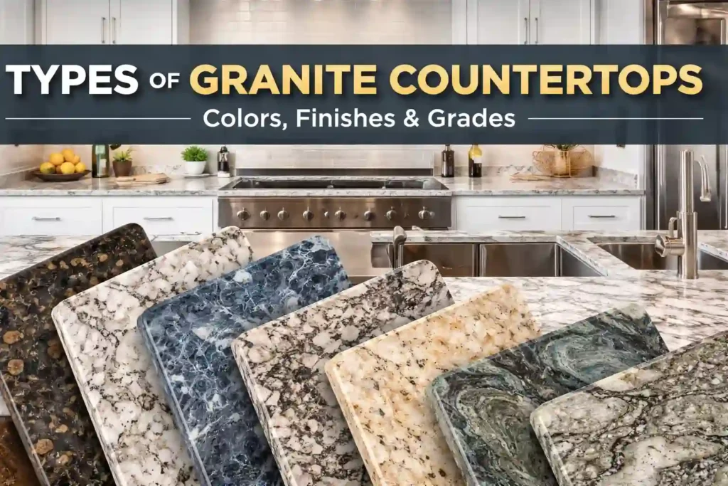 Types of granite countertops showcasing various colors, finishes, and patterns for kitchen designs.