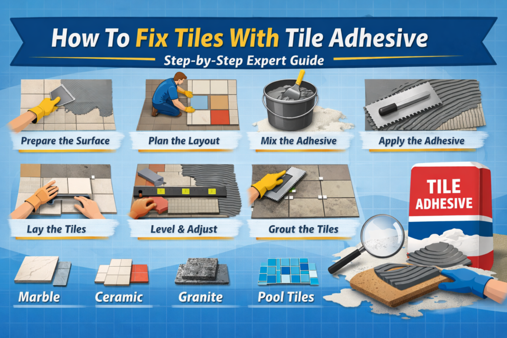 How To Fix Tiles With Tile Adhesive step-by-step infographic showing surface preparation, mixing adhesive, applying glue, laying tiles, leveling, and grouting for marble, ceramic, granite, and pool tiles.