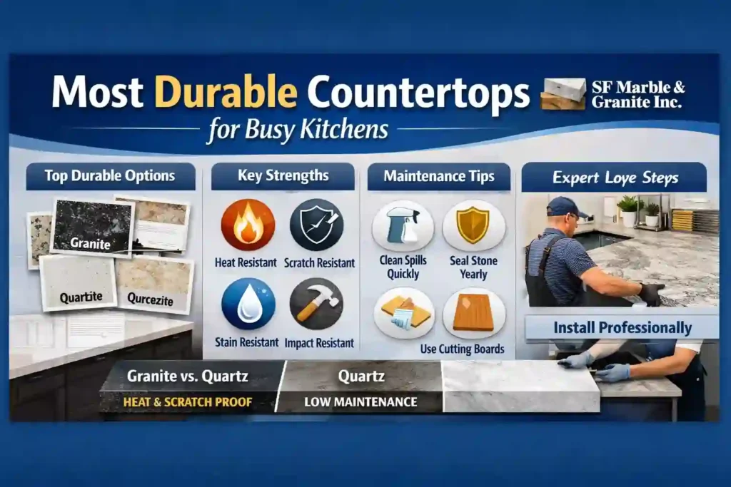 Most Durable Countertops for Busy Kitchens infographic showing granite, quartz, and quartzite with heat, scratch, stain, and impact resistance tips from SF Marble & Granite Inc.