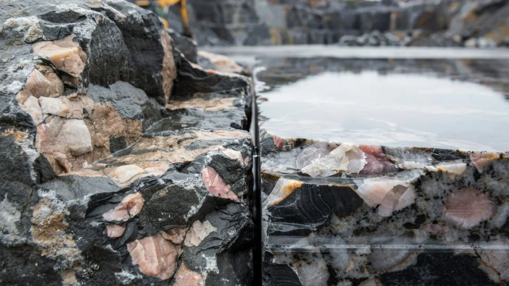 Is granite natural or artificial — freshly cut granite block at a quarry showing natural mineral crystals