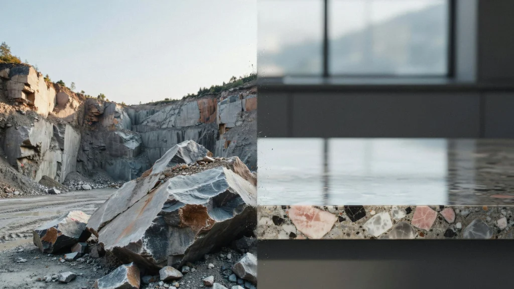 Is granite natural or artificial — granite quarry site on the left and a granite kitchen countertop on the right