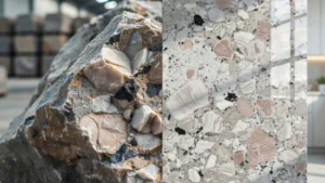 Is granite natural or artificial — raw granite block compared to polished granite slab surface