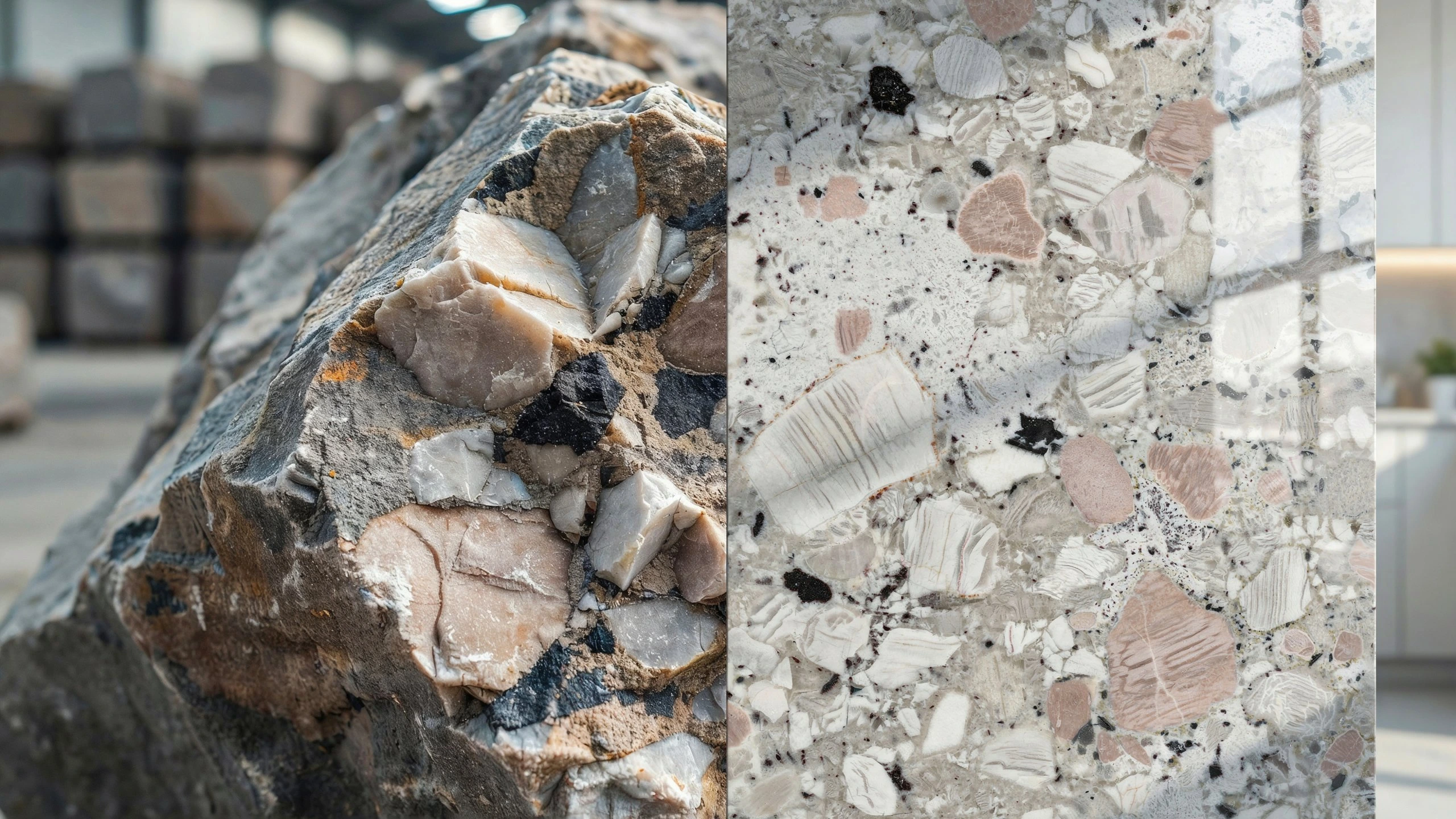 Is granite natural or artificial — raw granite block compared to polished granite slab surface