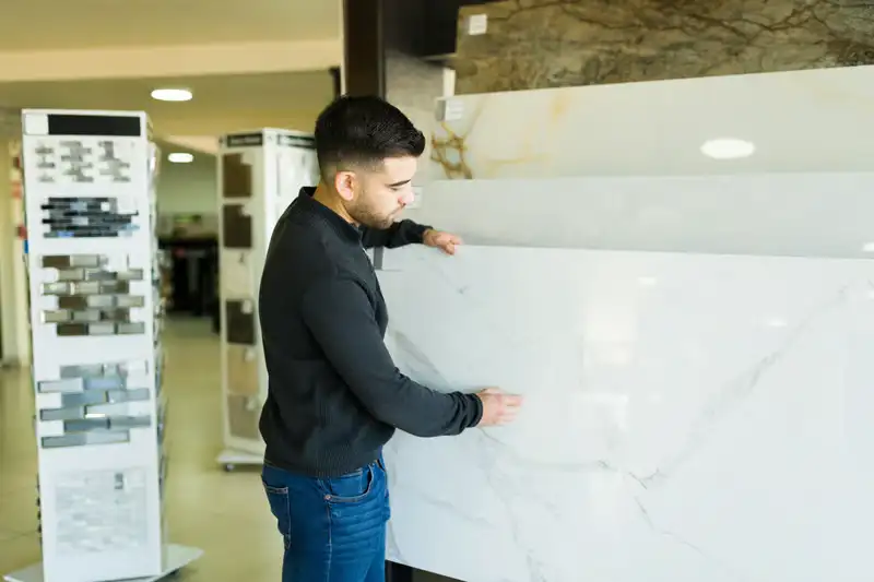 Person inspecting a natural marble slab before purchase