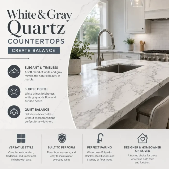 White and gray quartz countertops create balance
