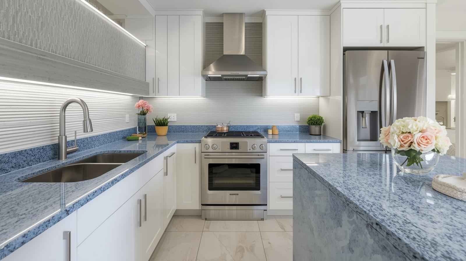 Polished white marble countertop with a glossy reflective finish.