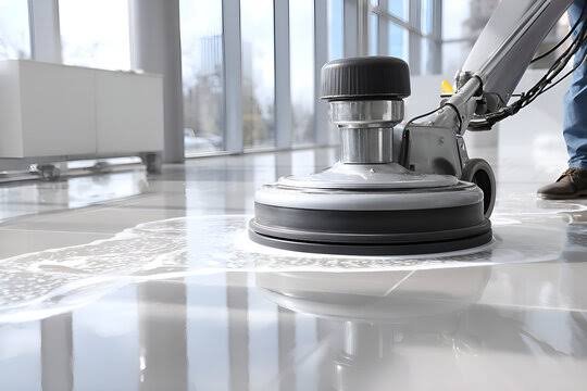Professional buffing a marble countertop with a polishing machine.